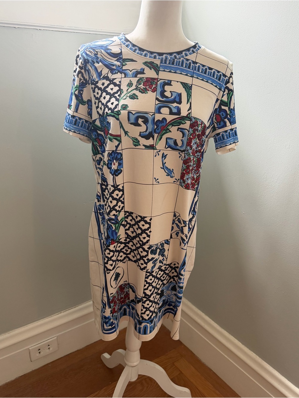 Tory Burch Embellished Tile Print Shift Dress Blue Cream Resort Dress